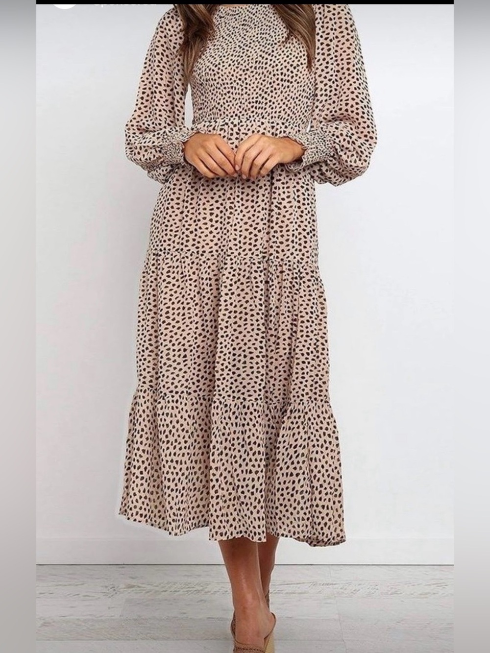 Long Sleeve Cream/Beige Black Spotted Midi Dress